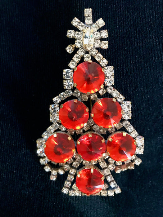 Old Czech Crystal Glass HUGE ≈4" Xmas Tree Brooch, Fire Red & Dazzling Clear Rhinestones Handmade Christmas Gift Big Lapel Scarf Brooch Pin