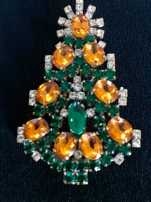 Old Czech Crystal Glass HUGE >3" Xmas Tree Brooch, Orange Green Dazzling Clear Rhinestones Handmade Christmas Gift Big Lapel Hat Brooch Pin