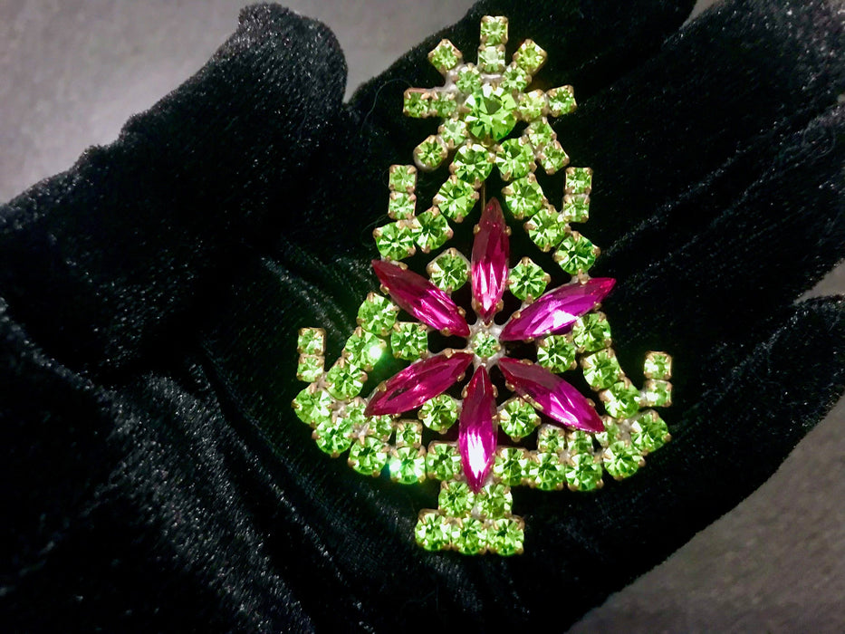 Old Czech Crystal Glass Medium Xmas Tree Brooch, Green Pink Rhinestones Handmade Christmas Gift Lapel Shawl Hat Brooch Pin, Stocking Stuffer