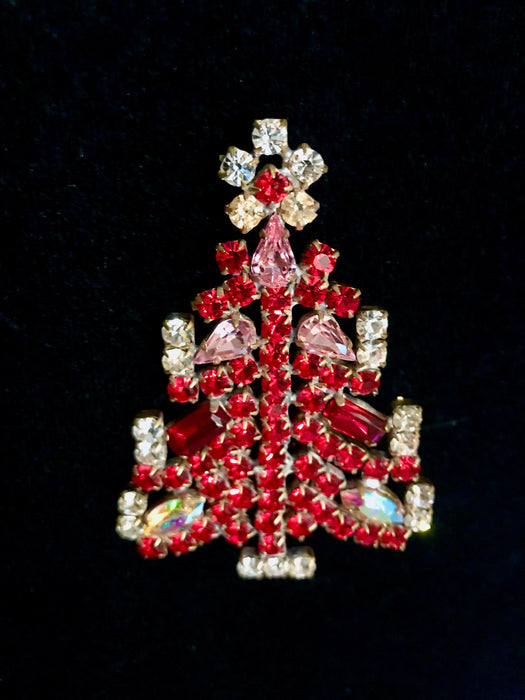 Old Czech Crystal Glass HUGE >3" Xmas Tree Brooch, Fire Red & Aurora Borealis Rhinestones Handmade Christmas Gift Big Lapel Scarf Brooch Pin
