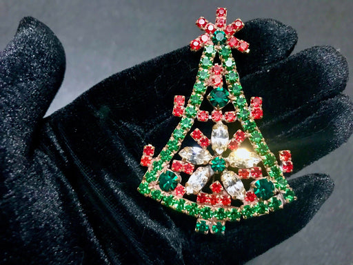 Old Czech Crystal Glass LARGE 3" Xmas Tree Brooch, Red Green & Dazzling Clear Rhinestones Handmade Christmas Gift Big Lapel Scarf Brooch Pin