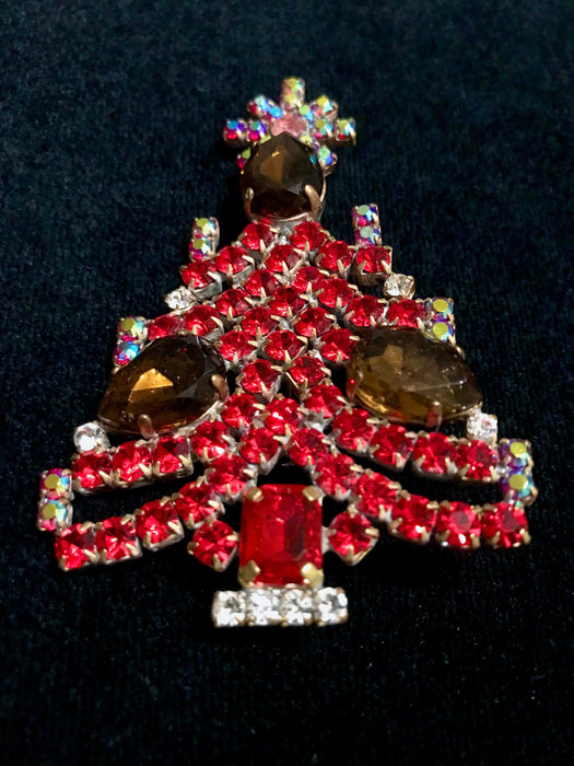 Art Deco Old Czech Crystal Glass HUGE >3" Xmas Tree Brooch, Red & Aurora Borealis Rhinestones Handmade Christmas Gift Big Lapel Scarf Pin