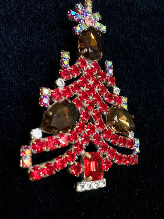 Art Deco Old Czech Crystal Glass HUGE >3" Xmas Tree Brooch, Red & Aurora Borealis Rhinestones Handmade Christmas Gift Big Lapel Scarf Pin
