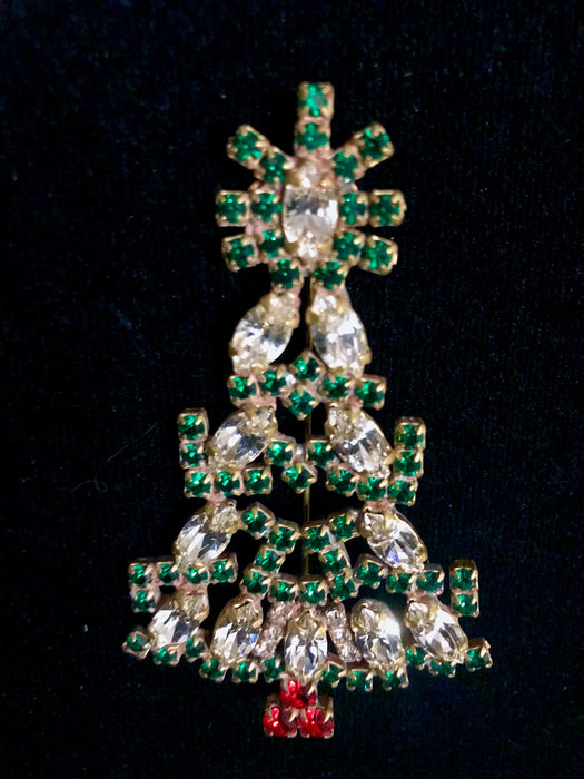 Art Deco Old Czech Crystal Glass HUGE 3.5" Xmas Tree Brooch, Green Red Clear Rhinestones Handmade Christmas Gift Big Lapel Scarf Brooch Pin