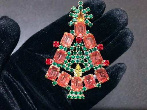 Art Deco Old Czech Crystal Glass HUGE >3" Xmas Tree Brooch, Coral Pink Green Red Clear Rhinestones Christmas Gift Big Lapel Scarf Brooch Pin