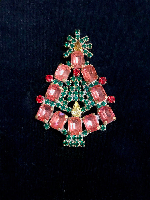 Art Deco Old Czech Crystal Glass HUGE >3" Xmas Tree Brooch, Coral Pink Green Red Clear Rhinestones Christmas Gift Big Lapel Scarf Brooch Pin