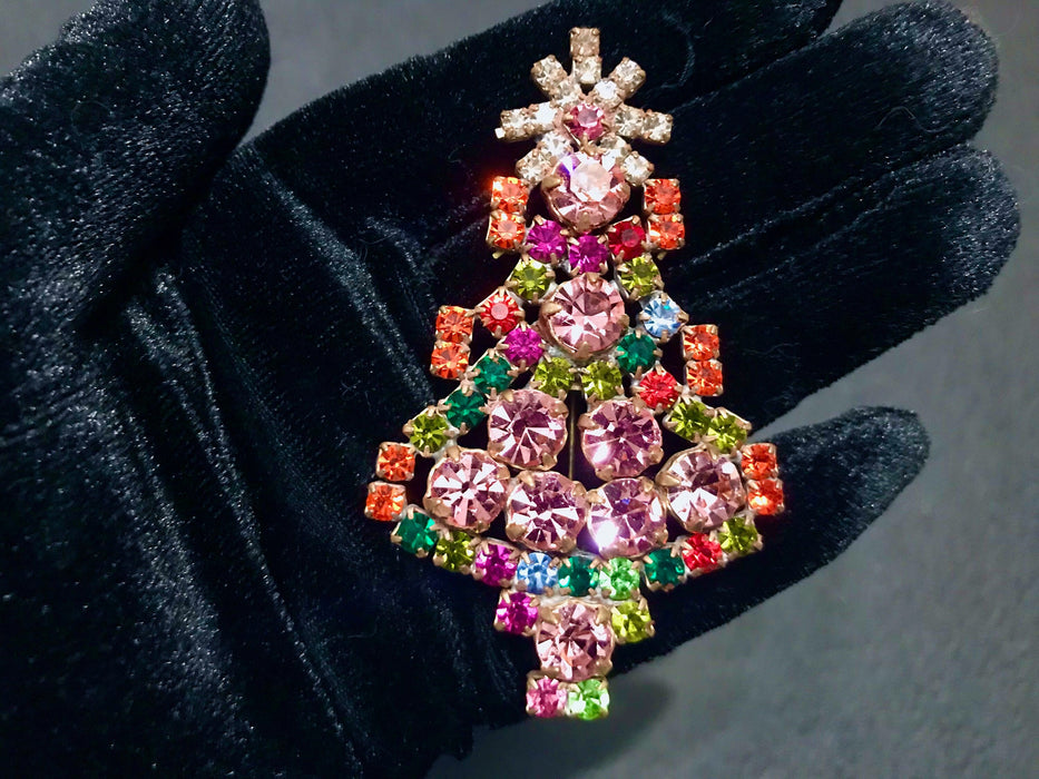 Art Deco Old Czech Crystal Glass Funky >3" Xmas Tree Brooch, Pink Green & Multicolor Rhinestones Christmas Pageant Gift Big Lapel Scarf Pin