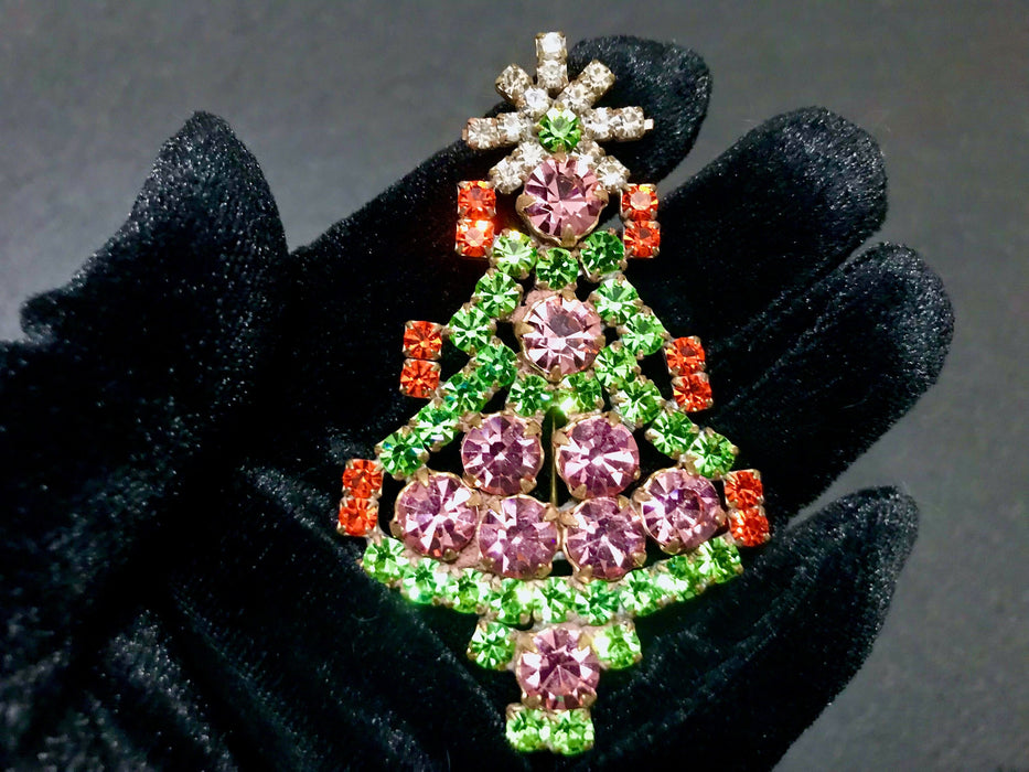 Art Deco Old Czech Crystal Glass Funky >3" Xmas Tree Brooch, PInk Green & Multicolor Rhinestones Christmas Pageant Gift Big Lapel Scarf Pin