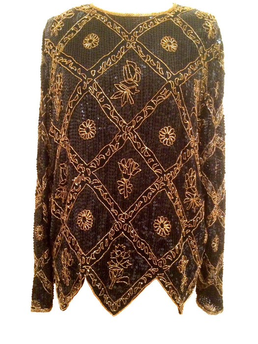 80s Silk Chiffon Scallop Zigzag Hem Black, Gold and Copper Colours Sequinned Floral Beaded Cocktail Party Christmas Tunic Top Sheer Sleeves