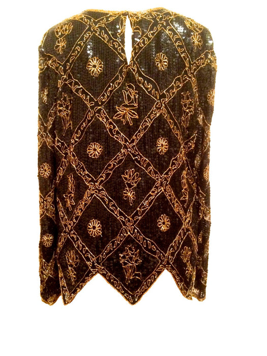 80s Silk Chiffon Scallop Zigzag Hem Black, Gold and Copper Colours Sequinned Floral Beaded Cocktail Party Christmas Tunic Top Sheer Sleeves